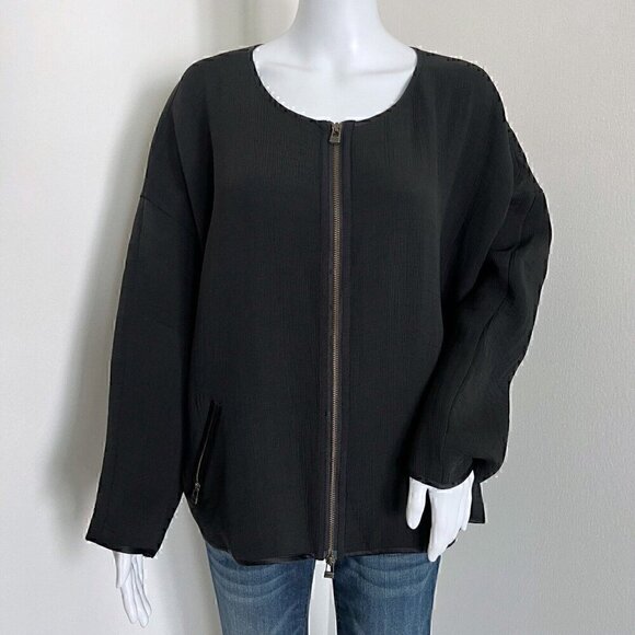 Eileen Fisher Women's Bomber Jacket Size XL Lagenlook Black Textured Silk Blend - Picture 1 of 9